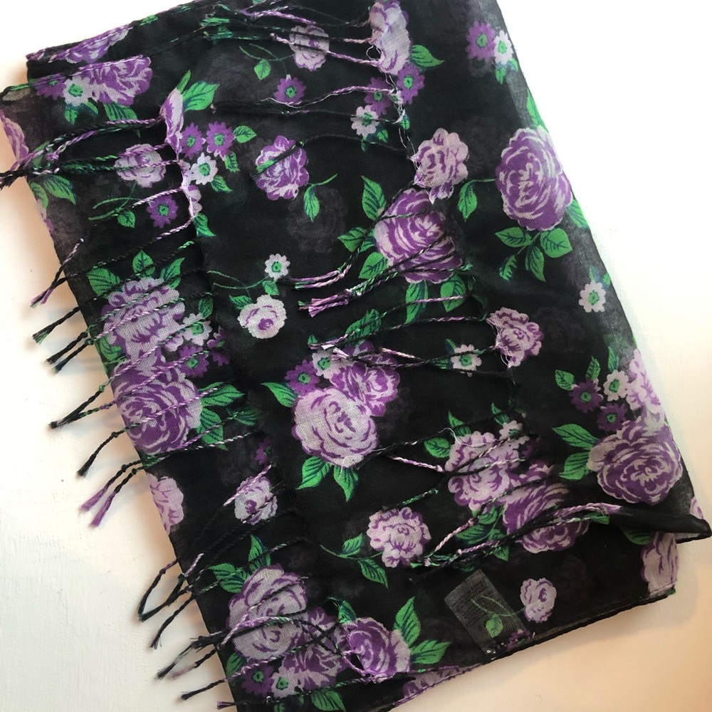 Black & purple floral fringe scarf